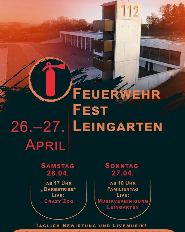 FEUERWEHRFEST 2025 - COUNTDOWN

Der Aufbau läuft auf Hochtouren!
Was erwartet euch?

Kulinarisch gibt die Festlesküche wieder alles. 
Steak, Wurst, Currywurst, gedrückte Pommes und halbe Hähnchen sind die Klassiker auf der Speisekarte. 🍟
Salatvariationen mit und ohne Toppings lässt die Herzen der Gemüsefreunde höher schlagen. 🥗❤️
Am Samstag bieten wir erstmals hausgemachte Pizza mit unterschiedlichen Belägen an 🍕
Der Sonntag wartet mit Weisswürsten, selbstgemachten Waffeln und Kuchen auf euch. 🧇🍰🧁

Frisch gezapftes Bier, Weine unserer örtlichen Winzer und Longdrinks bietet die Getränkekarte neben einer alkoholfreien Auswahl. 🍺🍷🥤

Musikalisch rockt am Samstag CRAZY ZOO die Bühne. Die Stimmung heizt zuvor unser DJ scholli_official an! 🎤
In den Sonntag starten wir mit der Musikvereinigung Leingarten! 🎶

Wir freuen uns auf euren Besuch und öffnen unsere Tore am Samstag um 17 Uhr, am Sonntag um 10 Uhr!

Nutzt unseren Shuttle für eine gemütliche Anreise zu uns 😉 🚌